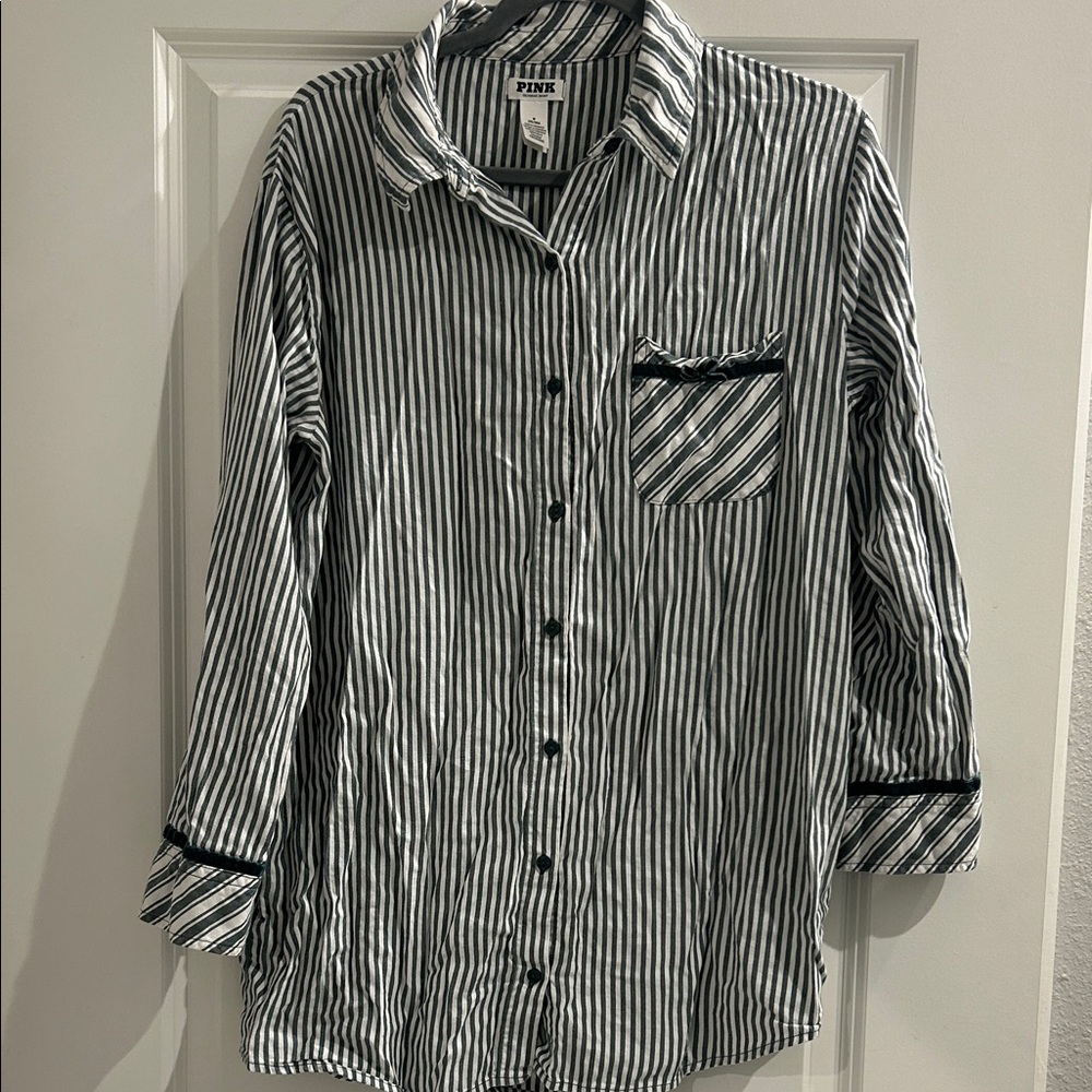 PINK Victoria's Secret Green and White Striped Button Down Sleep Shirt Medium